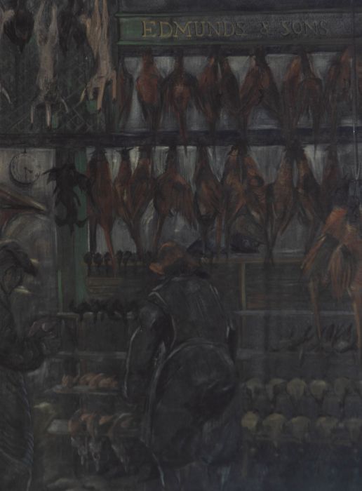 P. Woods - Mid 20th Century Gouache, Edmunds & Sons, Butchers Shop