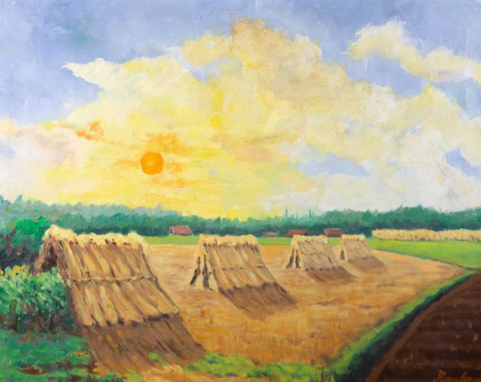 G. Rombaut (1897-1984) - 20th Century Oil, Cornstocks on Coucher du Soleil