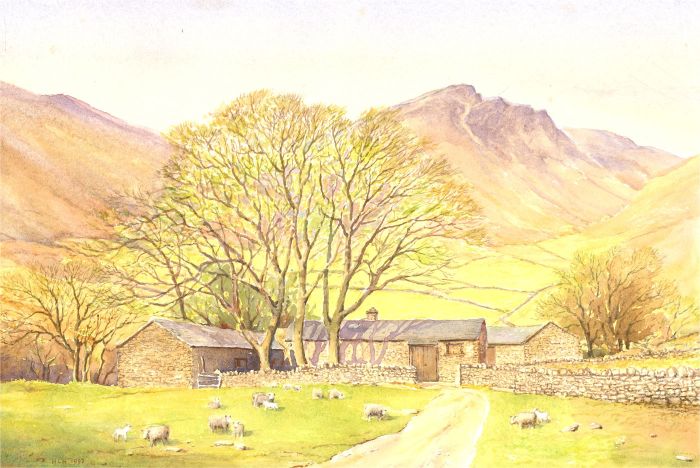 H.L. Hughes - 1993 Watercolour, Landscape Scene with Sheep