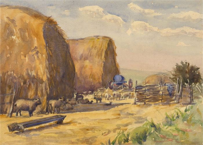 20th Century Watercolour - Sheep by the Haystacks