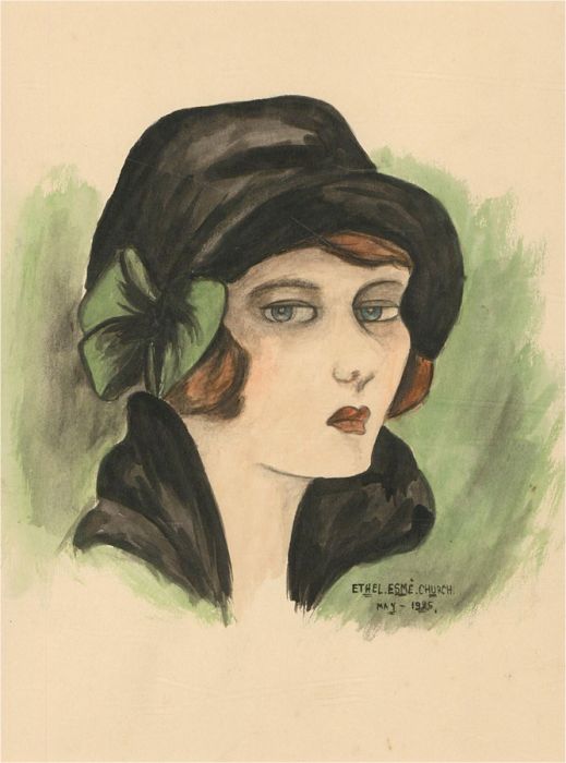 Ethel Esme Church - 1925 Watercolour, Lady in Black Hat