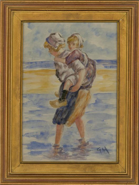 Mid 20th Century Watercolour - Dutch Girls On The Beach