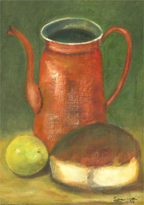 1980 Oil - Still Life Scene with Red Coffee Pot