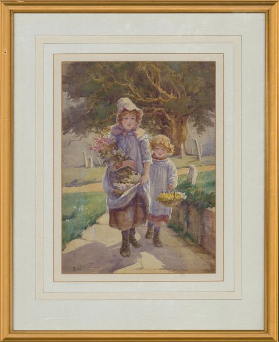 Attrib. Edith Hume (1843-1906) - Watercolour, Girls and Their Flowers