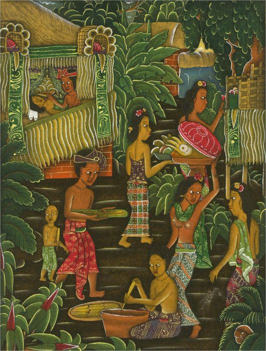 Mid 20th Century Gouache - Balinese Bustling