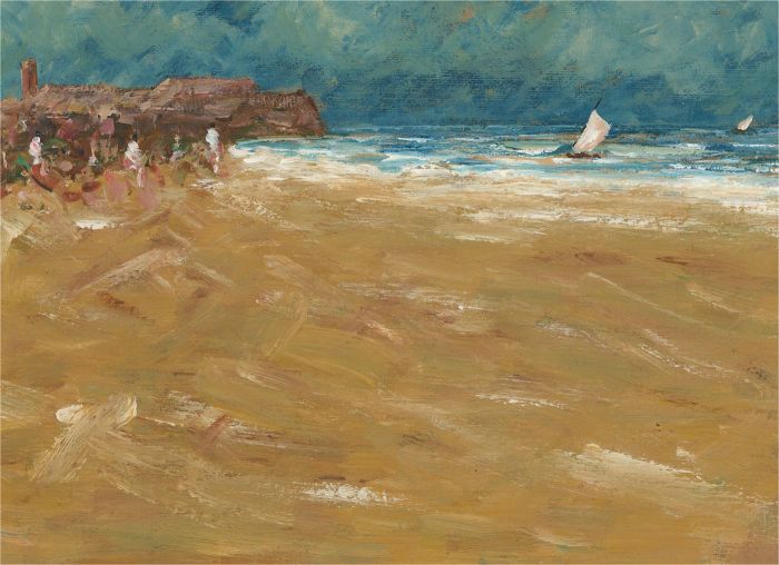 20th Century Oil - Beach Scene with Sailing Boats