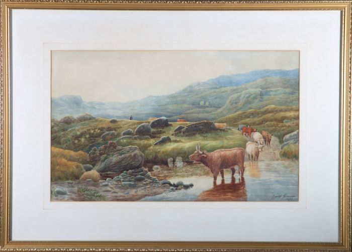 David Gorman - 1878 Watercolour, Highland Cattle in Landscape