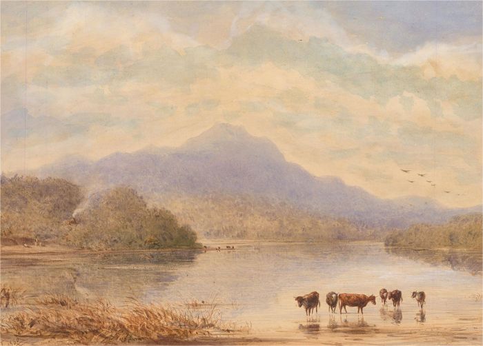 I.T. - 1860 Watercolour, Cattle by a Mountain Lake