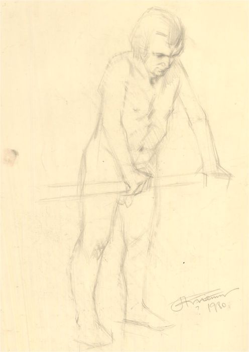 1980 Graphite Drawing - Leaning Male Nude