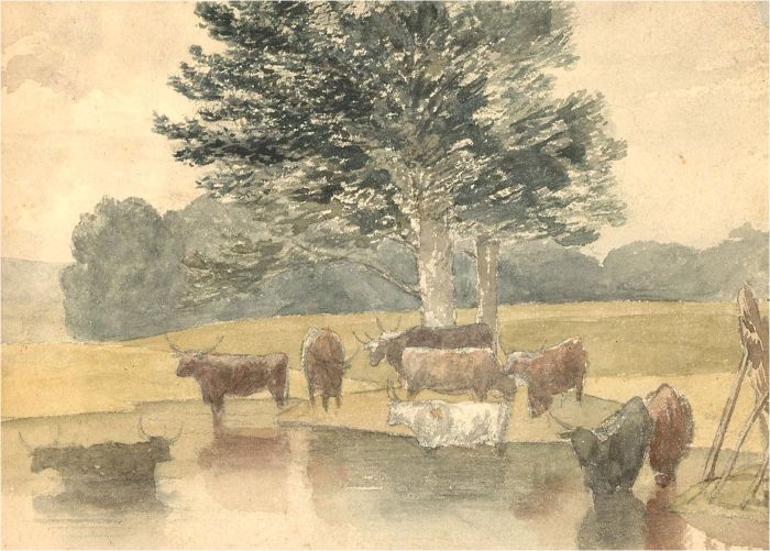 Early 20th Century Watercolour - Cattle at the River