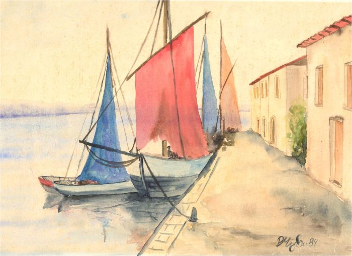 1984 Watercolour - Red & Blue Boats