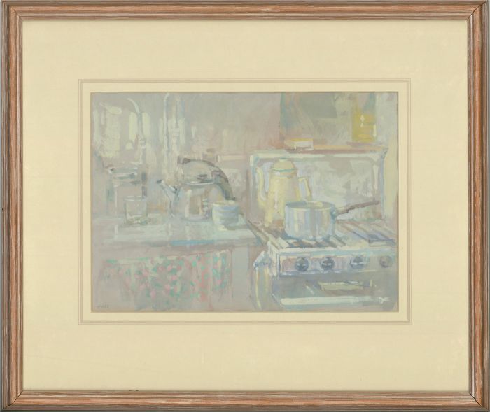 J.M - Framed 1988 Gouache, In the Kitchen
