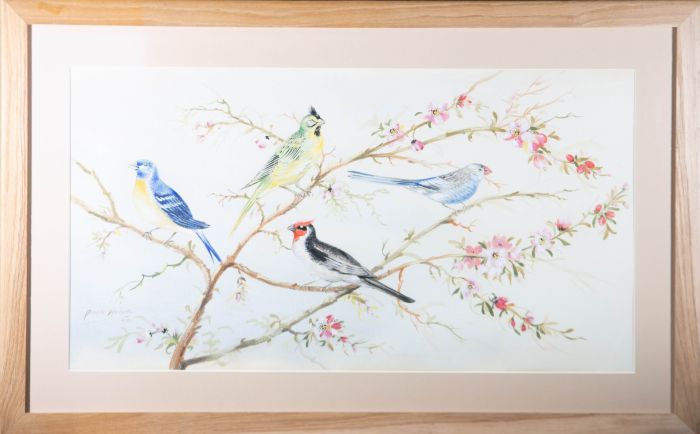 Gerald Hulme - Signed & Framed 1964 Watercolour, Songbirds on Blossom