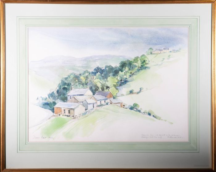 Zillah Pettit - 1982 Watercolour, Farm with Cheviots in the Distance