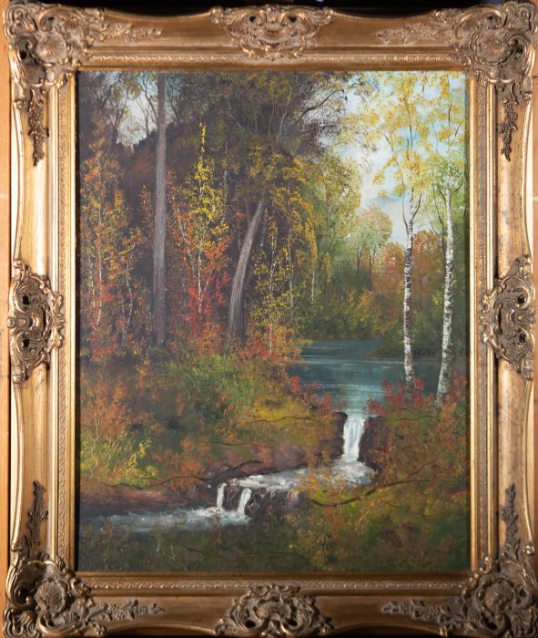 Raymond Price - 20th Century Oil, Woodland Scene with Waterfall
