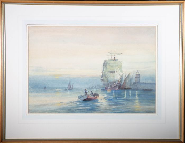 Frank Kelsey (1864-1932) - c.1890 Watercolour, A Harbour Scene at Dusk