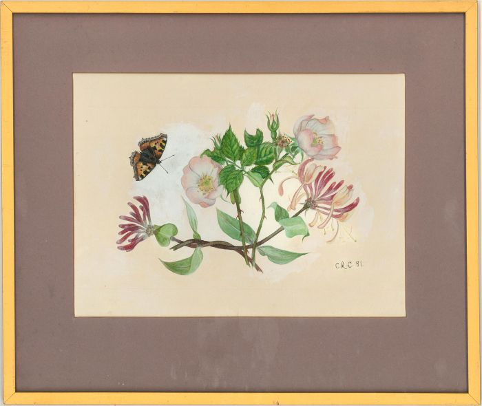 C. R. C - 1981 Watercolour, Wild Flowers With Butterfly