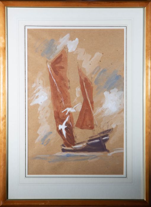 20th Century Watercolour - Sailing Boat and Seagulls