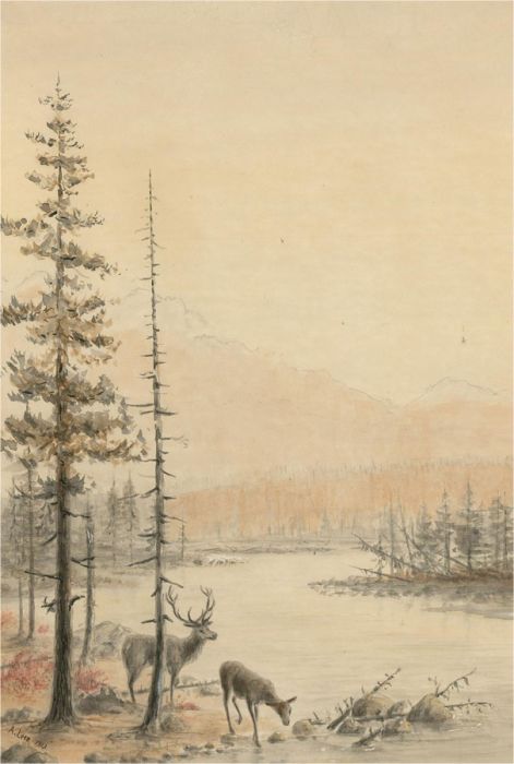 A. Lees - 1913 Watercolour, Stags by the River