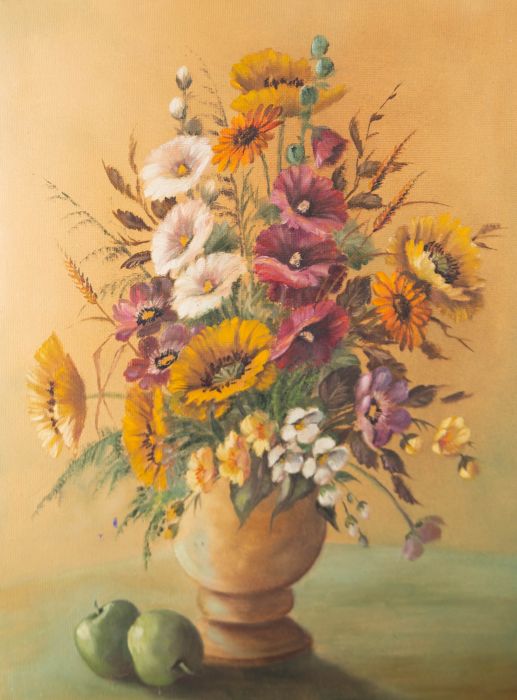 Roger Collin - 20th Century Oil, Flower Vase and Green Apples