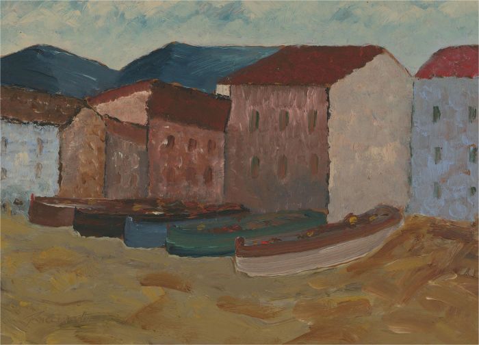 Ricciardi - 20th Century Oil, Coastal Town Scene with Boats