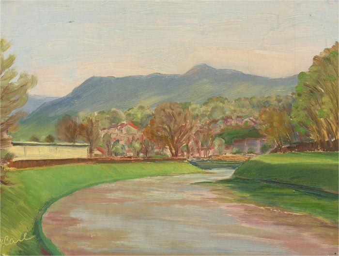 H. Carl - 20th Century Oil, River View with Mountains