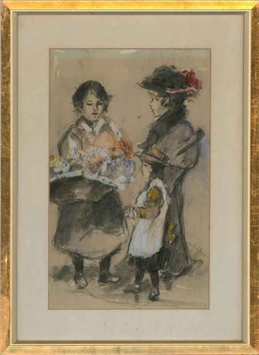 Early 20th Century Charcoal Drawing - The Flower Seller