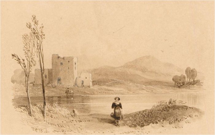 T.R. - 1840 Watercolour, Castle on a Lake