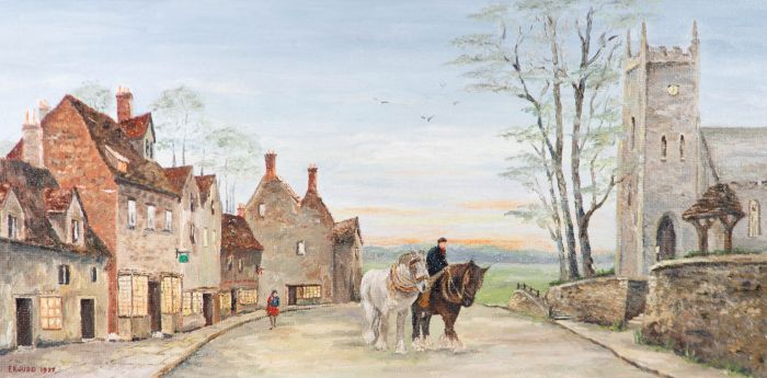 E.K. Judd - 1977 Oil, Street Scene with Two Horses