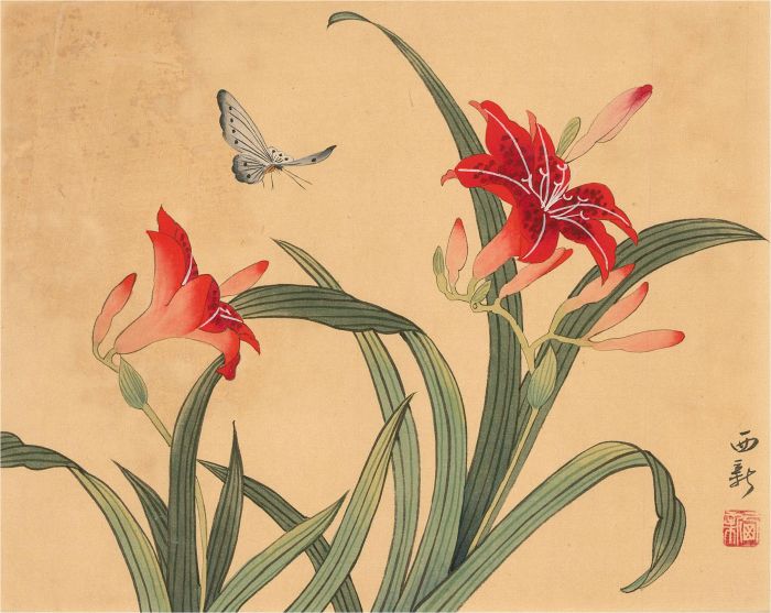 Mid 20th Century Gouache - Red Lilies And Butterfly