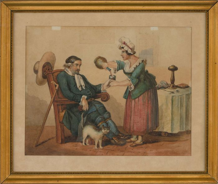 Early 19th Century Watercolour - Stiff Drink After A Long Day