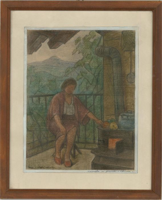 Giorgio Matteo Aicardi (1891-1985)-20thC Charcoal Drawing, Carmela At The Stove