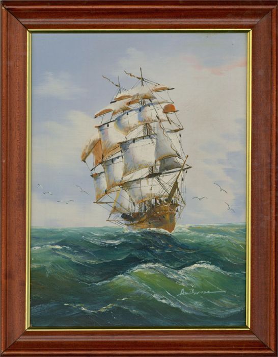 Contemporary Oil - Ship at Sea with Seagulls