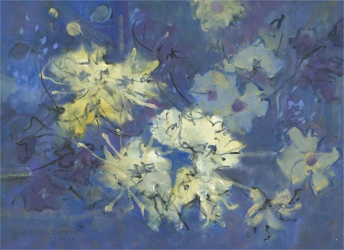 Barbara Doyle (b.1917) - 1991 Oil, Flowers on Blue