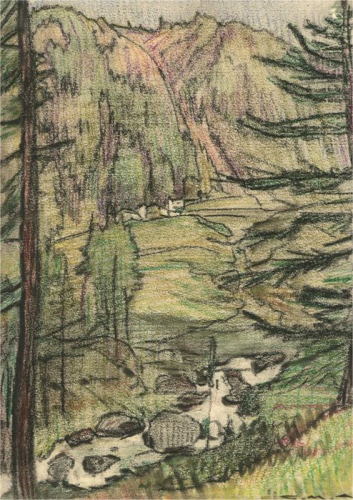 Giorgio Matteo Aicardi (1891-1985) - Chalk Pastel Drawing, Mountainous Landscape