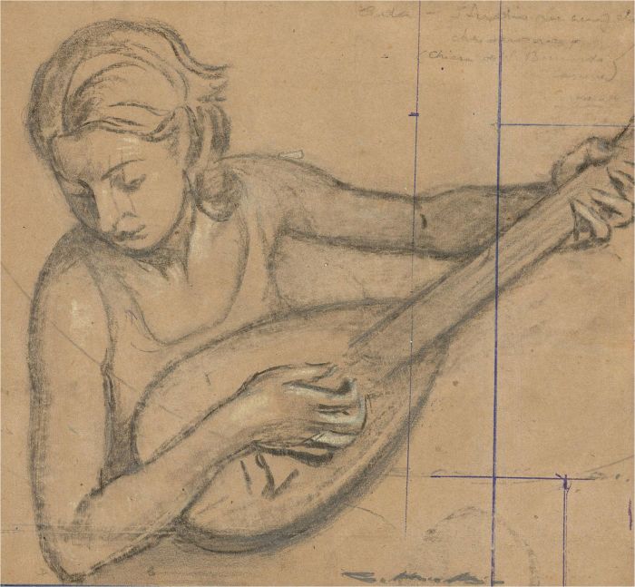 Giorgio Matteo Aicardi (1891-1985) - Charcoal Drawing, Woman Playing a Lute