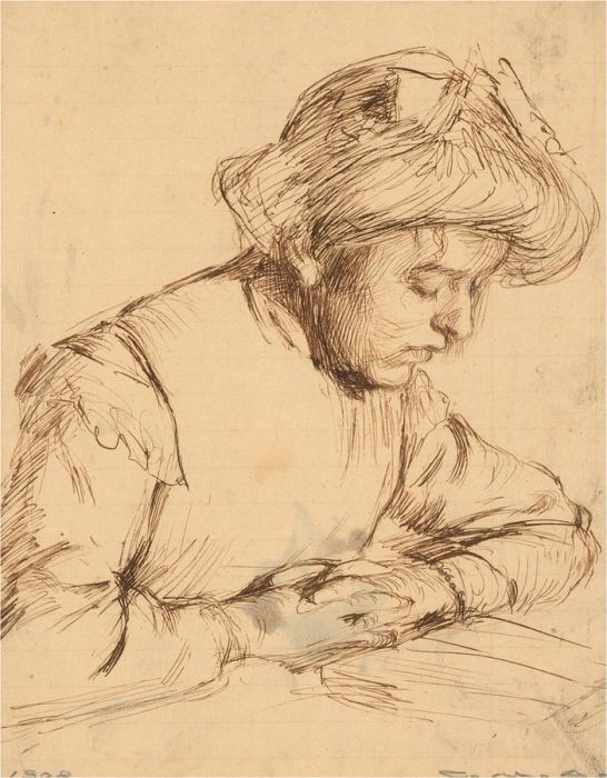 Giorgio Matteo Aicardi (1891-1985) - 1908 Pen and Ink Drawing, Ernesta Reading