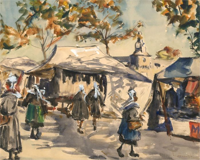 René Le Forestier(1903-1972) - Mid 20th Century Watercolour, Breton Market Day