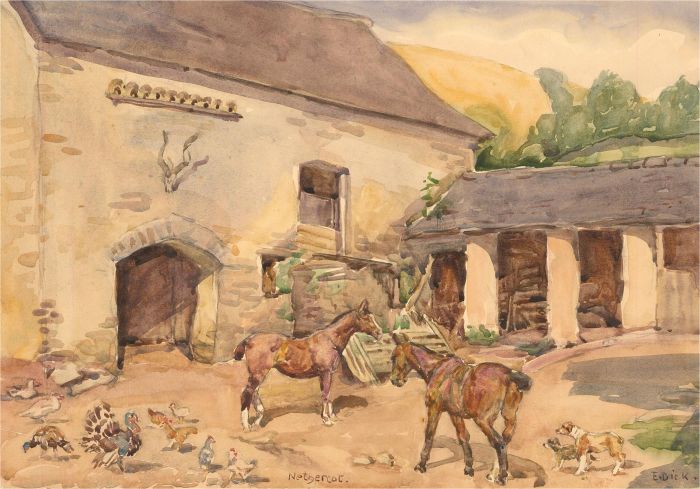 Eva Dick - Early 20th Century Watercolour, Horses In The Nethercot Farm Yard