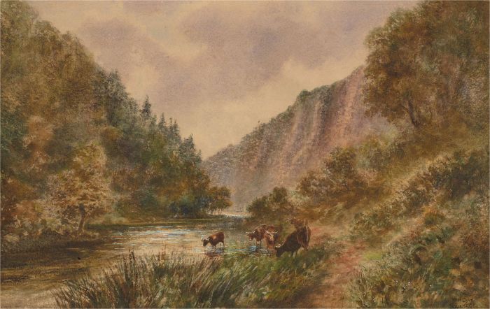 William Henry Dyer (fl.1890–1930) -Early 20th Century Watercolour, Cows Drinking