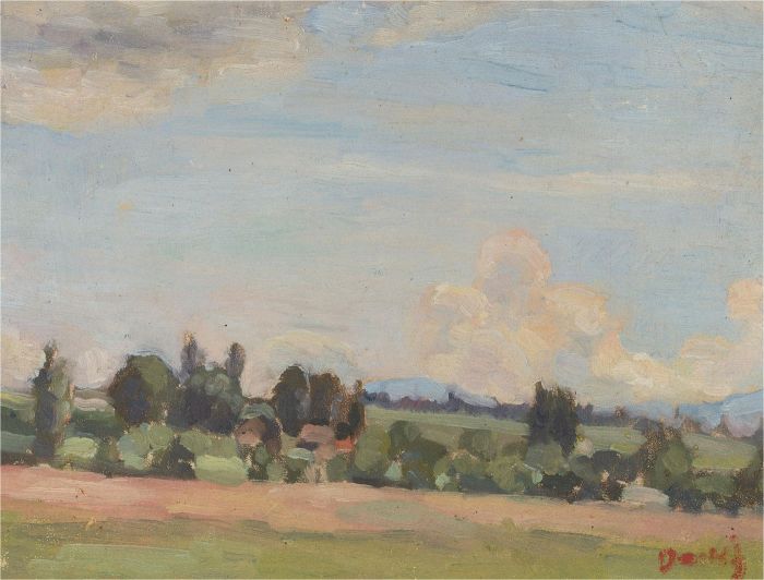 20th Century Oil - Rural View with Two Distant Cottages