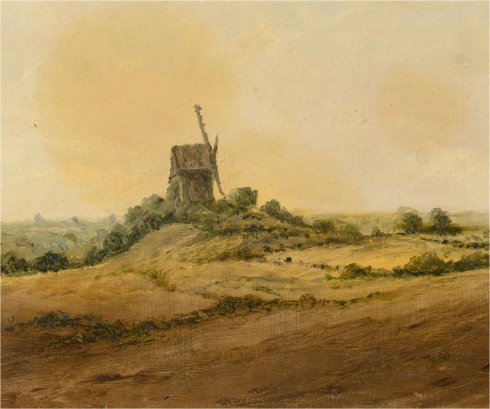Early 20th Century Oil - Windmill On The Hill