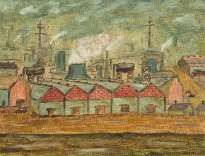 Manner of L. S. Lowry - Contemporary Oil, Industrial Landscape