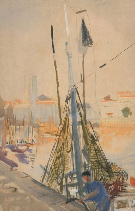 Mid 20th Century Watercolour - Working At The Docks