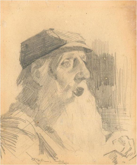 Early 20th Century Graphite Drawing - Old Man And His Pipe