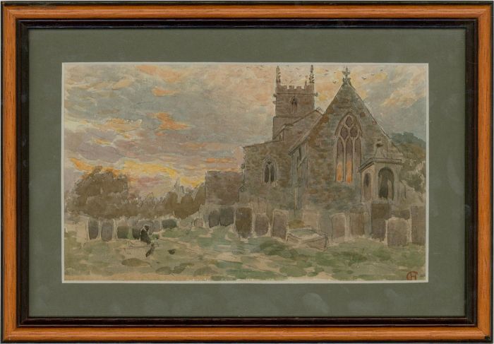 Harry Goodwin (1842-1926) - Watercolour, Dusk at the Churchyard