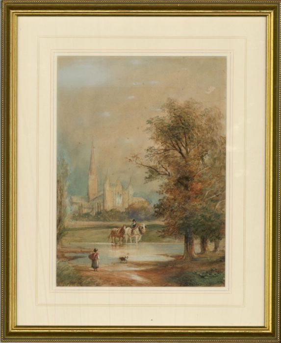 F. D. Harding - Mid 19thC Watercolour, Salisbury Cathedral From The Meadows