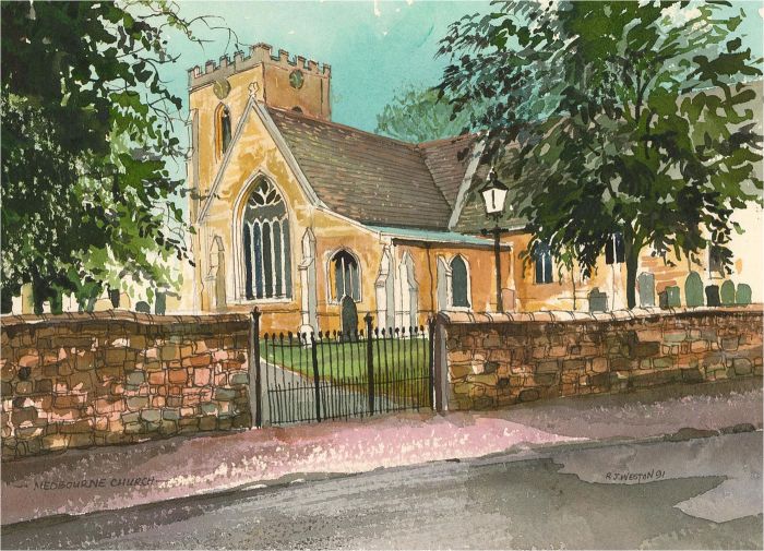 Ray J. Weston - 1991 Watercolour, St. Giles' Church, Medbourne