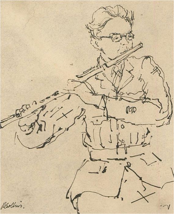 Peter Collins ARCA - Mid 20th Century Pen and Ink Drawing, The Flutist