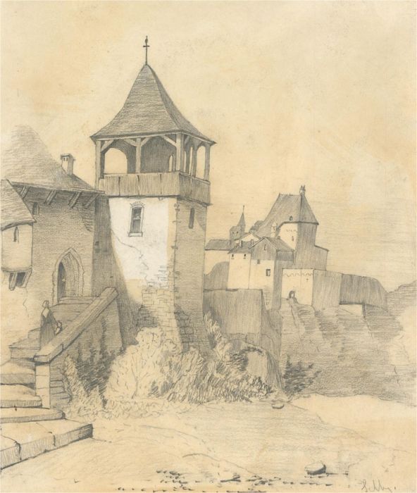 Late 19th Century Graphite Drawing - Castle Study